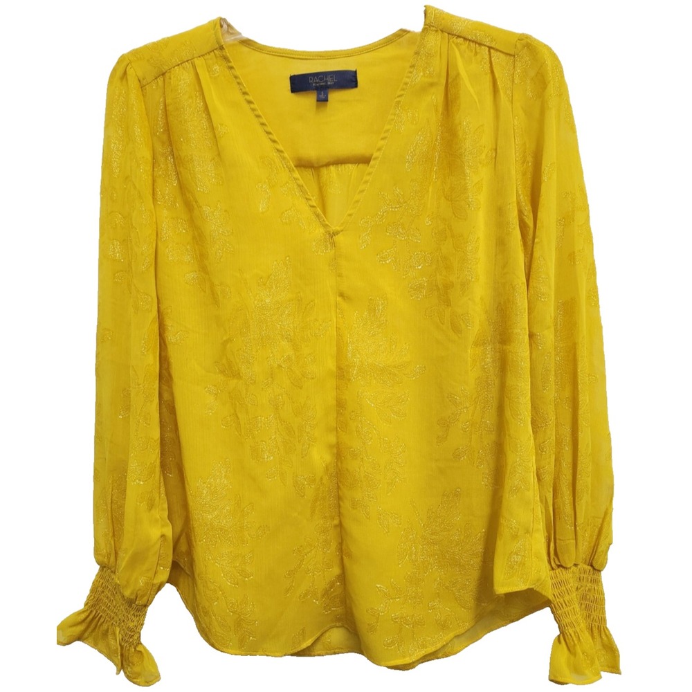 Rachel Roy BOHO Shirred Blouse Top Womens Small Yellow Floral Long Sleeve